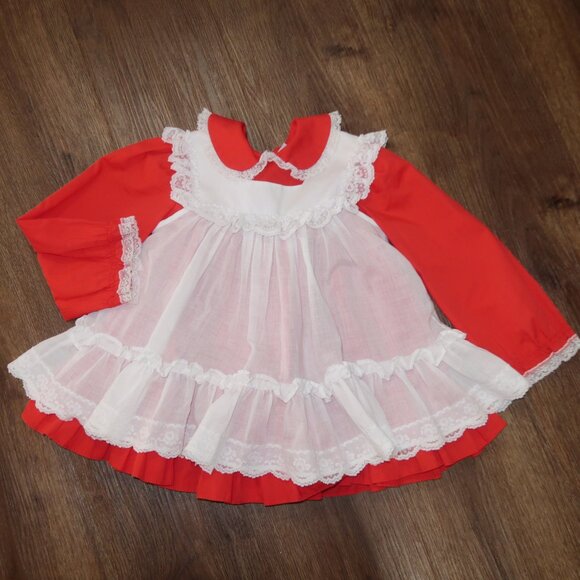Vintage Girls Bryan Red White 2pc Pinafore Ruffled Holiday Dress Lace Trim sz 4T - Picture 1 of 7